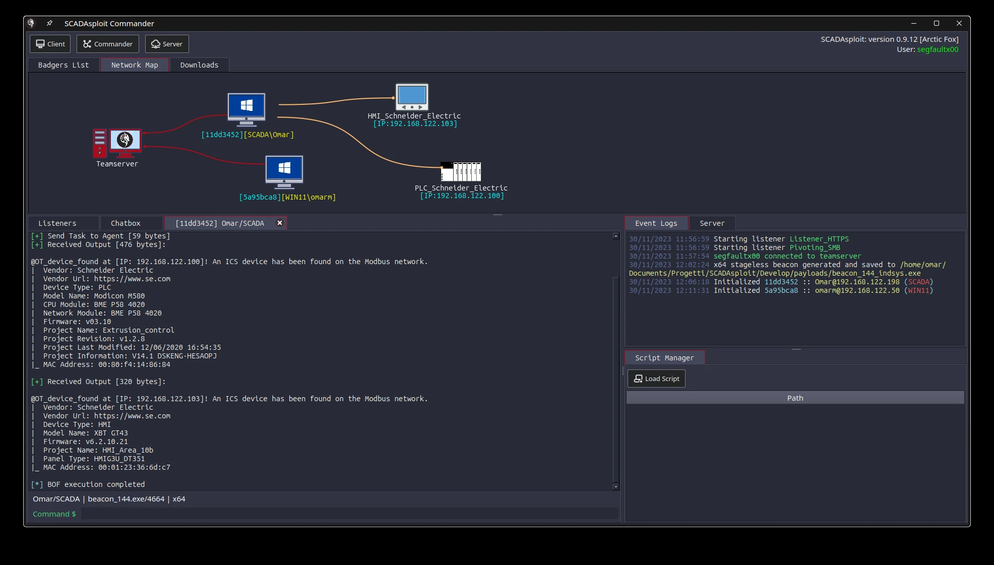 SCADAsploit Remote Commander with a network topology and operator panels.